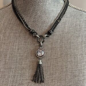 WHBM Gunmetal Tassel Pendant Necklace w/Clear Crystal Accent